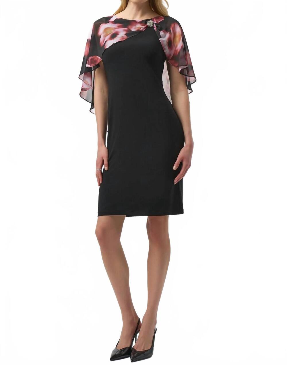 NEW JOSEPH RIBKOFF floral chiffon cape overlay dress in black/multi